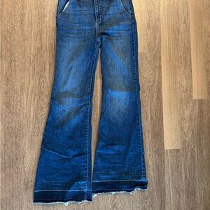 Sneak Peek Blue Flare Wide Leg Jeans with Raw Hem